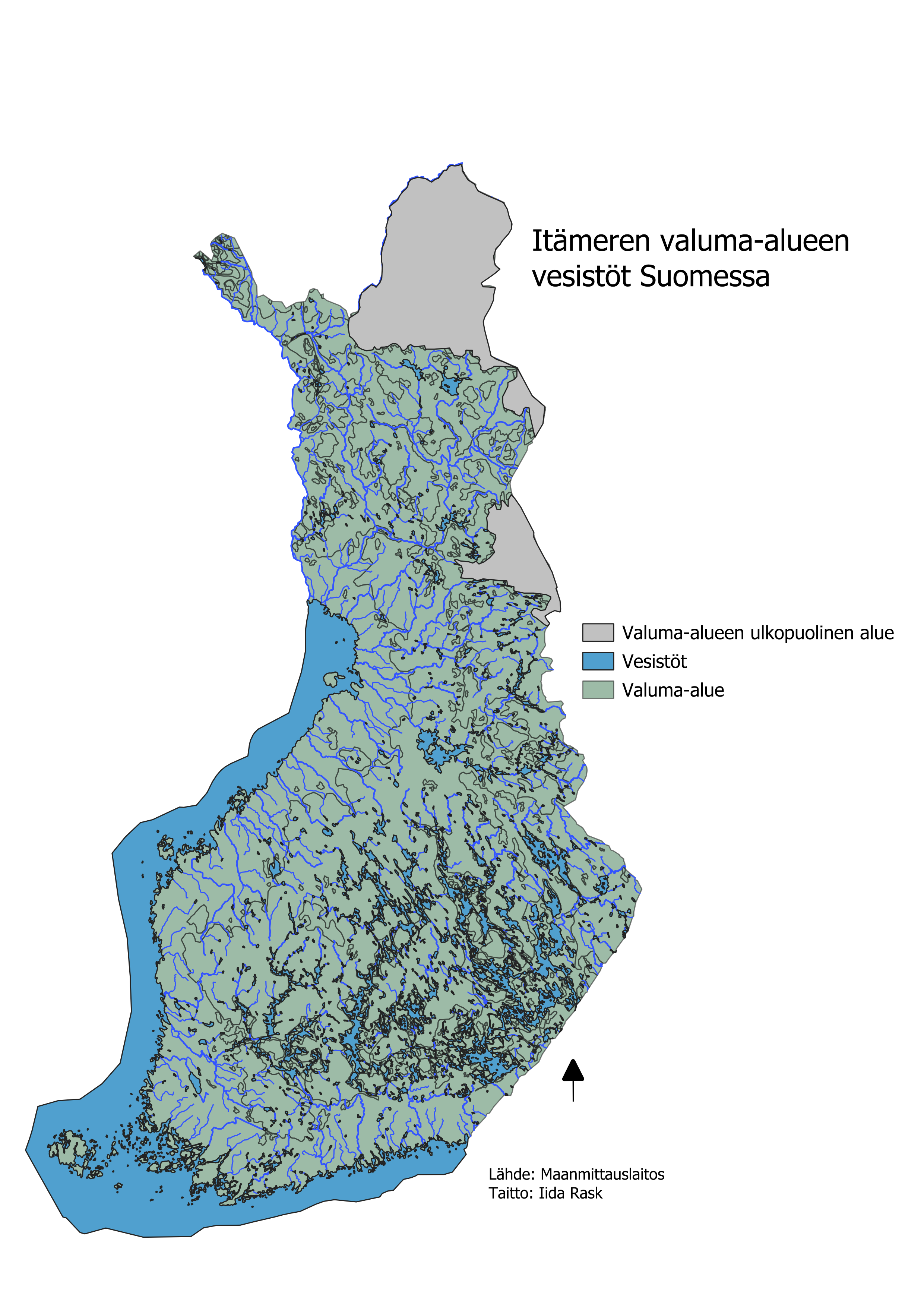 Kartassa kuvattuna Itämeren valuma-alue ja alueen vesistöt Suomessa